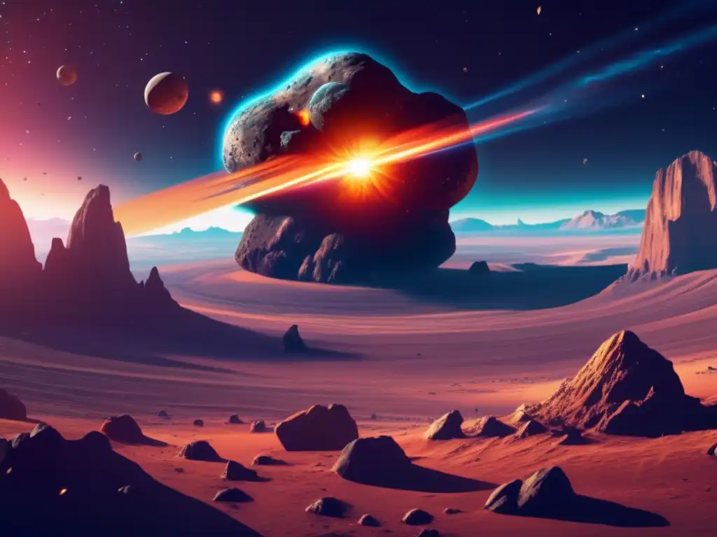 Amenaza del asteroide: peligro para la Tierra Una ilustración digital impresionante de un asteroide masivo que se acerca a la Tierra, con detalles intrincados y formaciones rocosas