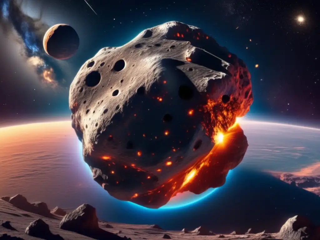 Asteroide amenazante hacia la Tierra Imagen: Asteroida gigante se acerca a la Tierra, con cráteres y bordes rugosos, en un paisaje estrellado con tonos azules, púrpuras y dorados