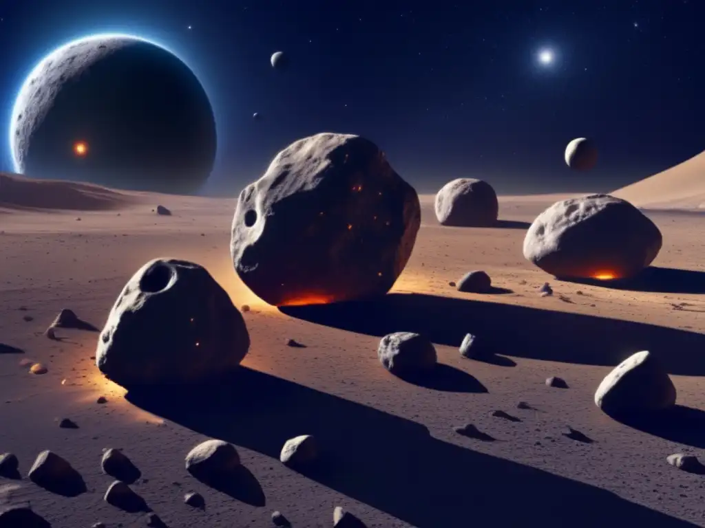 Binario de asteroides: Estudio y seguimiento Imagen de asteroide binario en el espacio, muestra su forma irregular, terreno rocoso y apariencia metálica