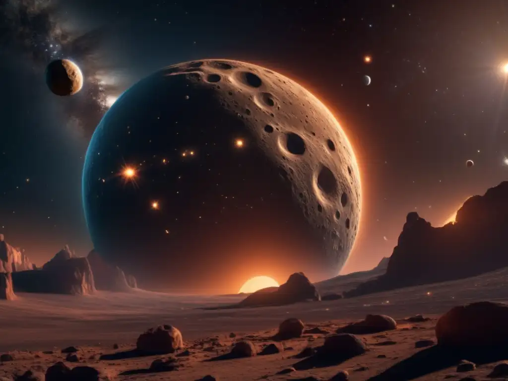 Imagen de asteroide centauro en el espacio: 8k ultradetallada, con cráteres, ridges, boulders, y vista de la Vía Láctea