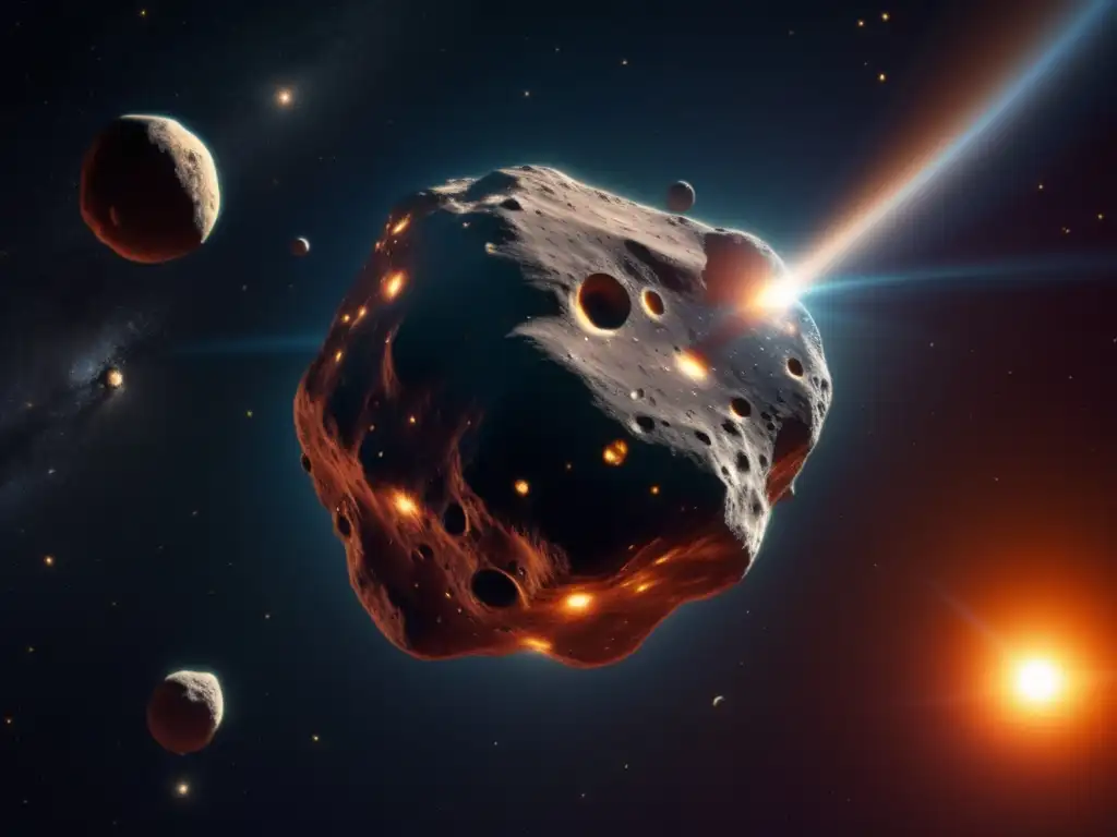 Asteroida 8K: Yarkovsky y sol Imagen 8K: Asteroide espacial con cráteres y radiación solar