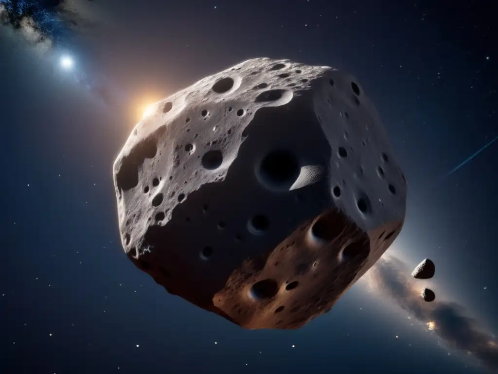 Imagen 8k del asteroide Bennu en el espacio, con cráteres y rocas, rodeado de galaxias y estrellas