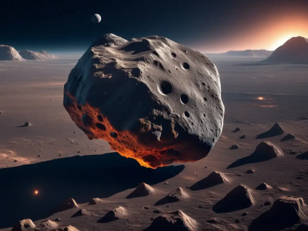 Asteroide 8K en el espacio: Texturas y estructura Imagen 8K de un asteroide con composición y estructura irregular, revelando capas de terreno rocoso y helado en el espacio