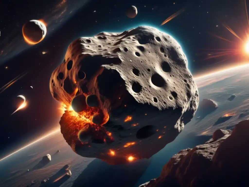 Asteroide 8K en movimiento con la Tierra Imagen: Asteroide gigante en el espacio, con la Tierra de fondo