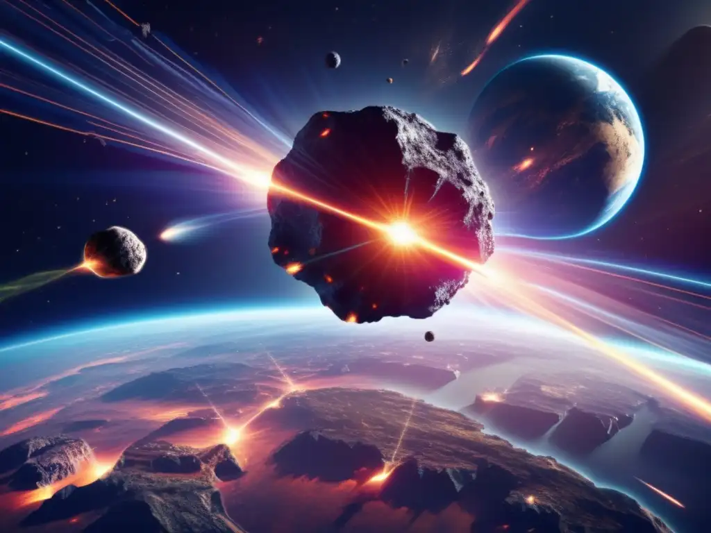 Asteriode amenazante y satélites láser Imagen: Asteroide masivo en ruta hacia la Tierra, rodeado por satélites de defensa láser