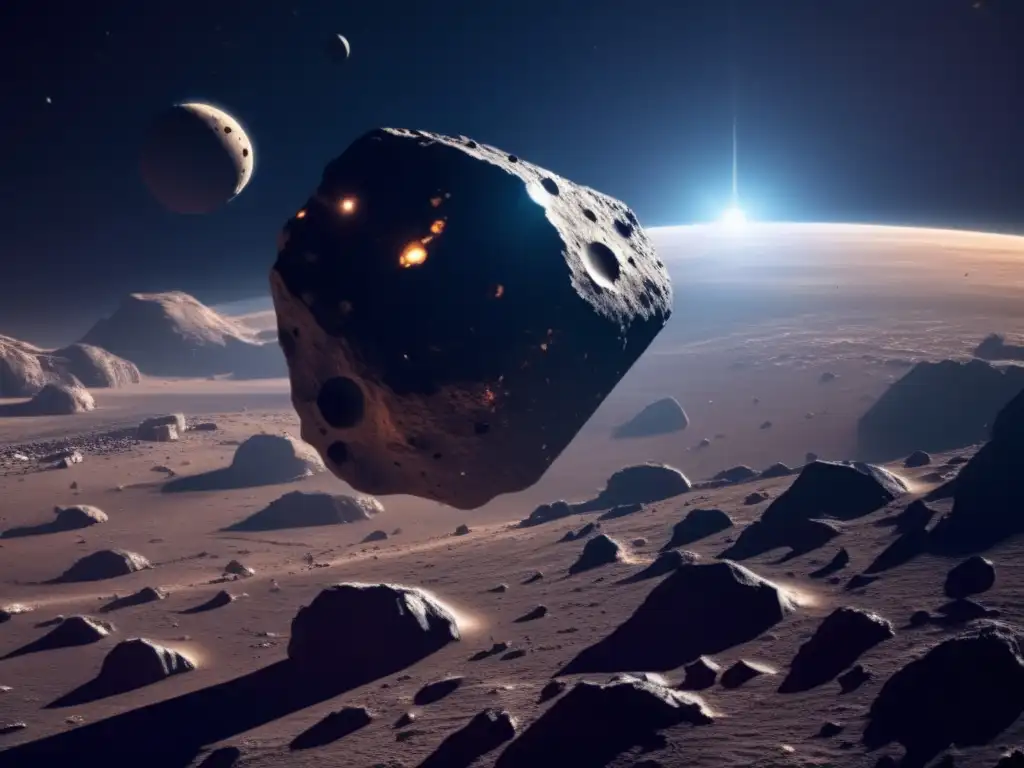 Asteroide en el espacio con sensor futurista Imagen de asteroide con sensores de gravedad: tecnología avanzada para proteger la Tierra