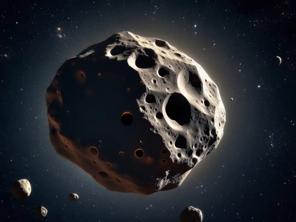 La imagen muestra un asteroide tipo C en el espacio, con texturas rocosas y cráteres, destacando su historia migratoria