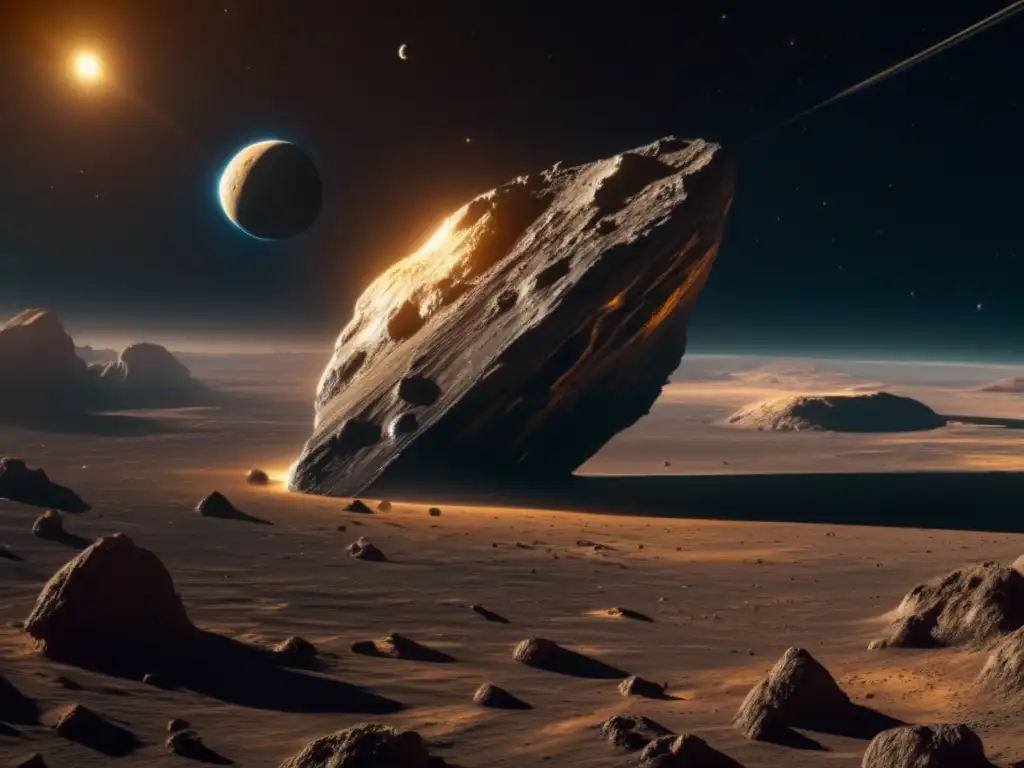 Asteroide dorado flotando en el espacio con nave futurista Imagen: Asteroide troyano: encuentros peligrosos en el espacio