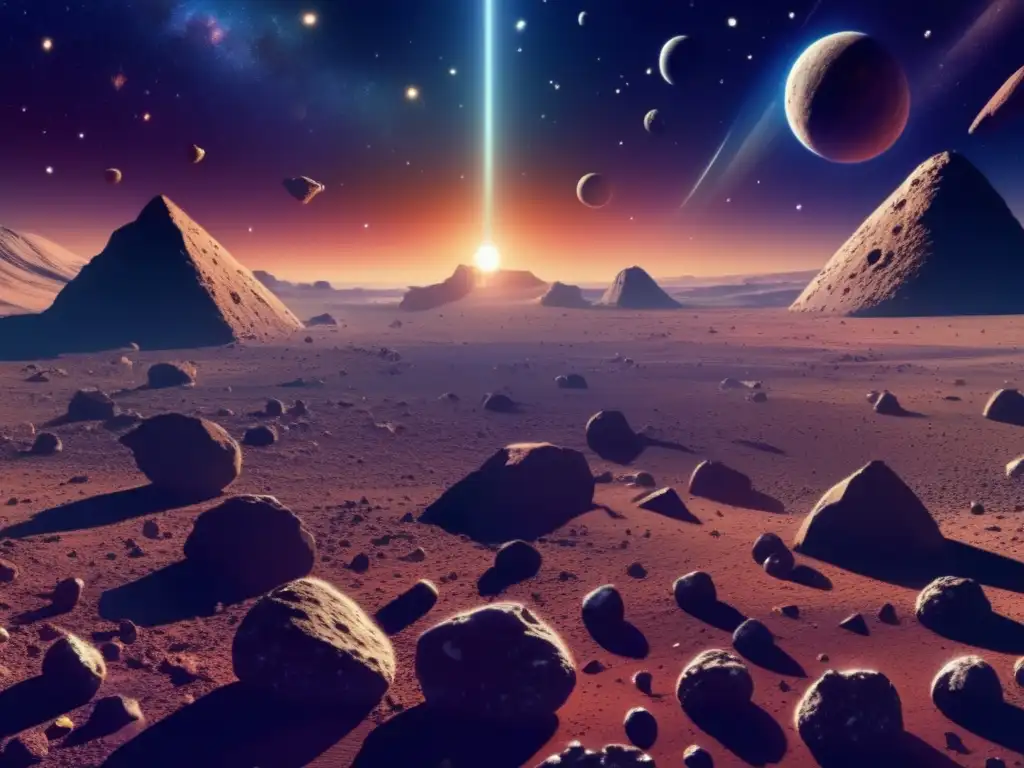 Impresionante cinturón de asteroides en el espacio Imagen de asteroides como colonias espaciales en un vasto y detallado paisaje estelar, con variados tamaños, formas y colores