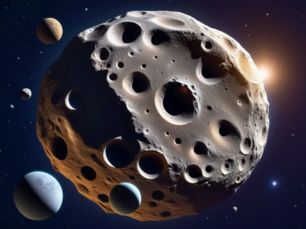 Asteroida majestuosa rodeada de lunas cósmicas Imagen: Exploración de asteroides con lunas - Increíble vista del espacio con asteroide y sus lunas, mostrando belleza y recursos cósmicos