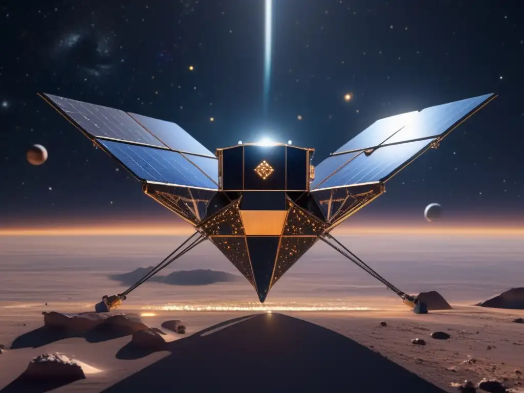 Nanosatélites y asteroide en el espacio Imagen: Exploración de asteroides potencialmente peligrosos con nanosatélite avanzado y asteroide belt detallado