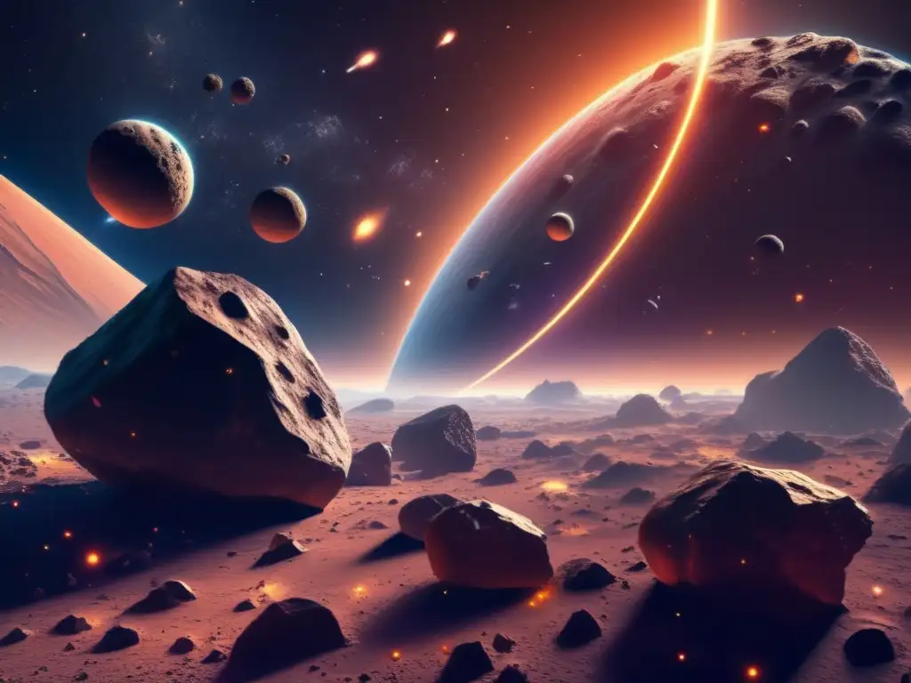 Asteroides en colisión en el espacio Imagen 8k: Asteroides en rutas de colisión en el espacio, con detalles impresionantes y efectos gravitacionales