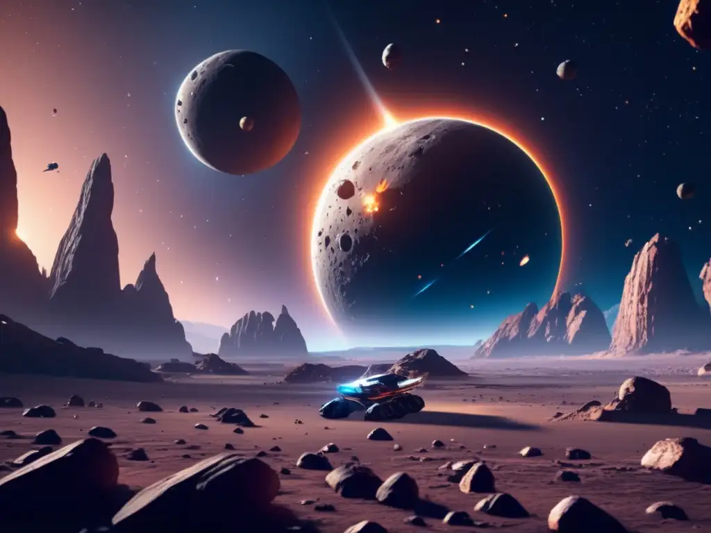 Nave futurista surcando asteroides Imagen: Exploración de asteroides en videojuegos - Espaciotemático, nave futurista flotando en campo de asteroides masivo - Aventura y detalle en 8k