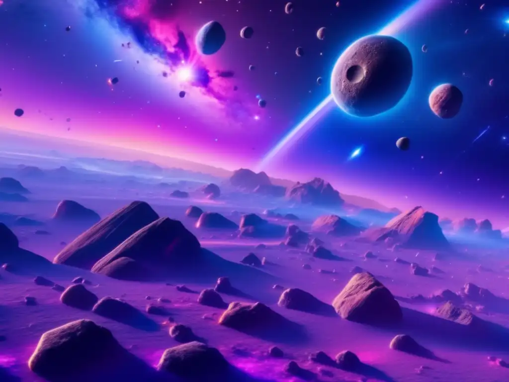 Imagen de campo de asteroides y nebulosa, con detalles y viabilidad económica de recursos