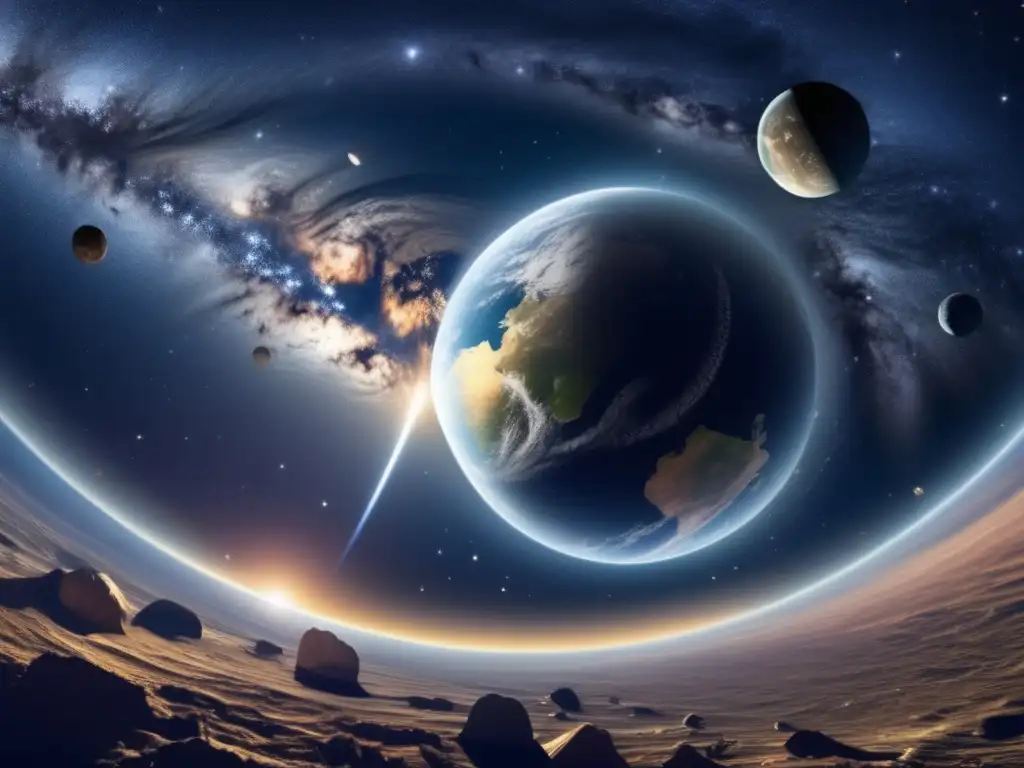 Noche estrellada: Tierra, asteroide y cooperación internacional Imagen: Cielo estrellado, Tierra desde el espacio, asteroide, marco legal internacional asteroides