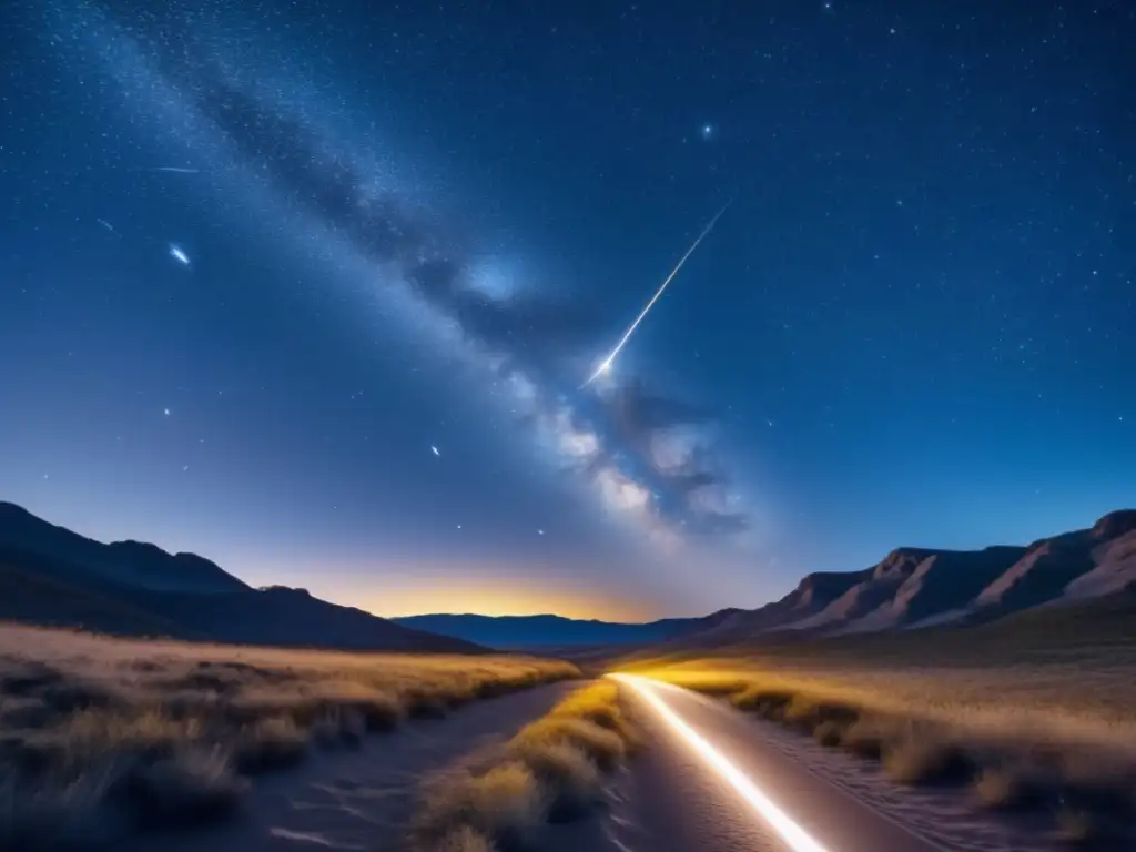 Noche estrellada con estrella fugaz Imagen 8k de un cielo nocturno lleno de estrellas brillantes y un meteoro dorado, destacando las diferencias entre meteorito y meteoroide