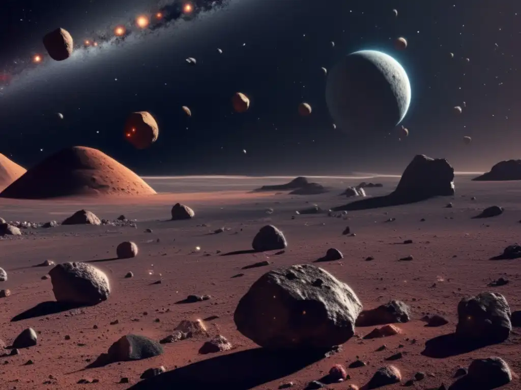 Exploración espacial y prevención de colisiones Imagen: Prevenir colisiones asteroides en el vasto espacio, con variedad de asteroides y una nave futurista estudiando