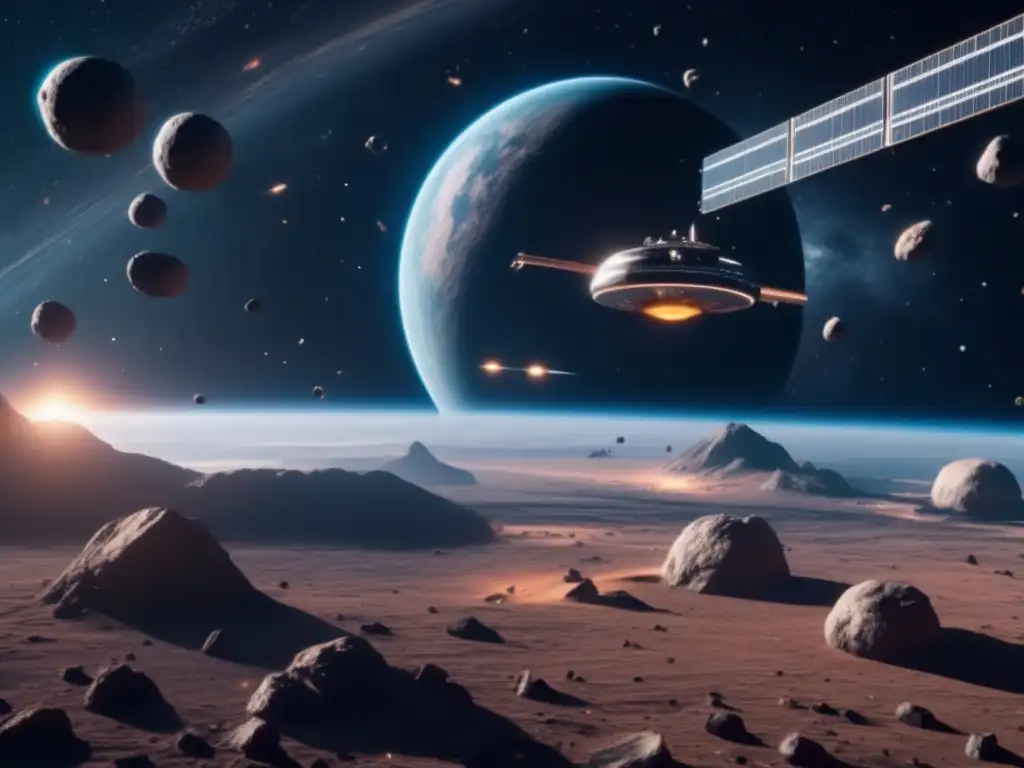 Estación espacial futurista rodeada de asteroides Imagen de la Conferencia sobre explotación de asteroides con una estación espacial futurista rodeada de majestuosos asteroides