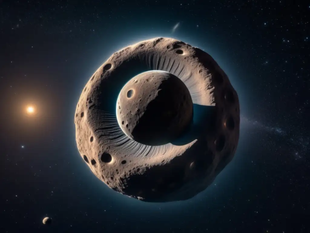 Imagen impresionante del asteroide Chariklo con anillos misteriosos Imagen: Descubrimiento de anillos en asteroide Chariklo - 8k detallada, misteriosa belleza celestial