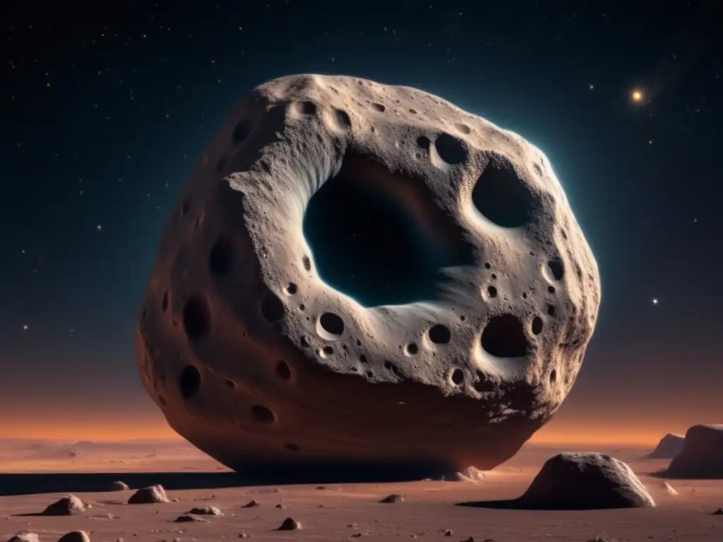 Centaur asteroid en el espacio Imagen detallada 8k: Asteroide Centauro flotando en el espacio, con forma irregular y superficie rocosa, bañado en la luz de las estrellas