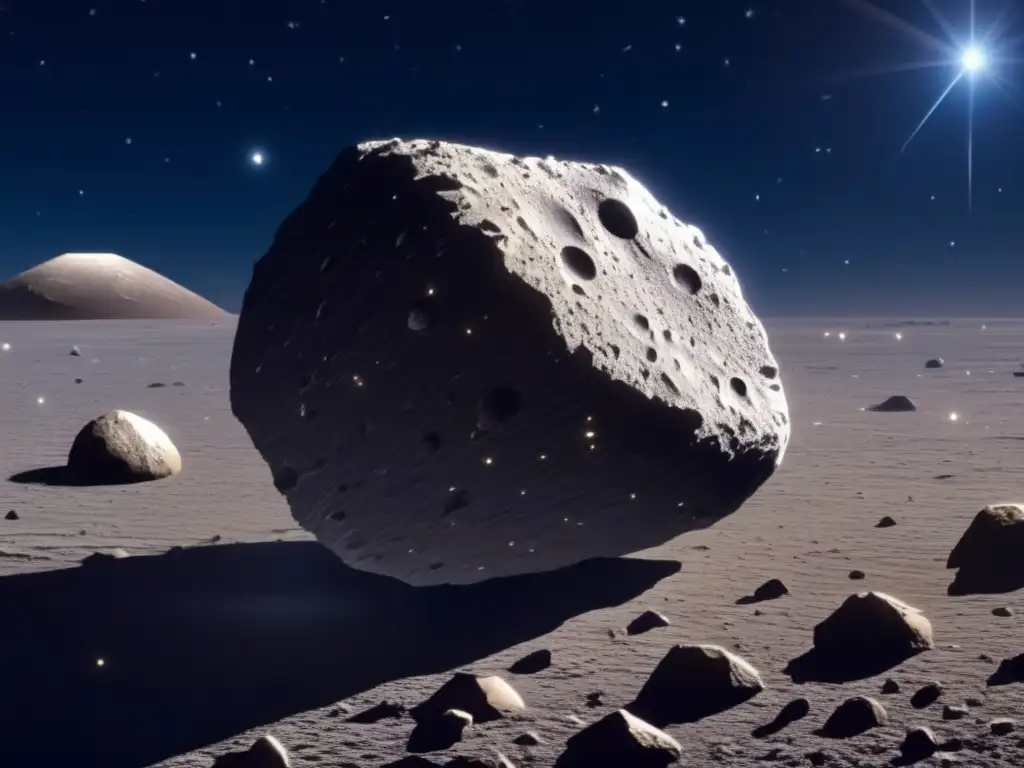 Asteroide Ryugu flotando en el espacio Imagen detallada del asteroide Ryugu en el espacio, rodeado de polvo estelar brillante