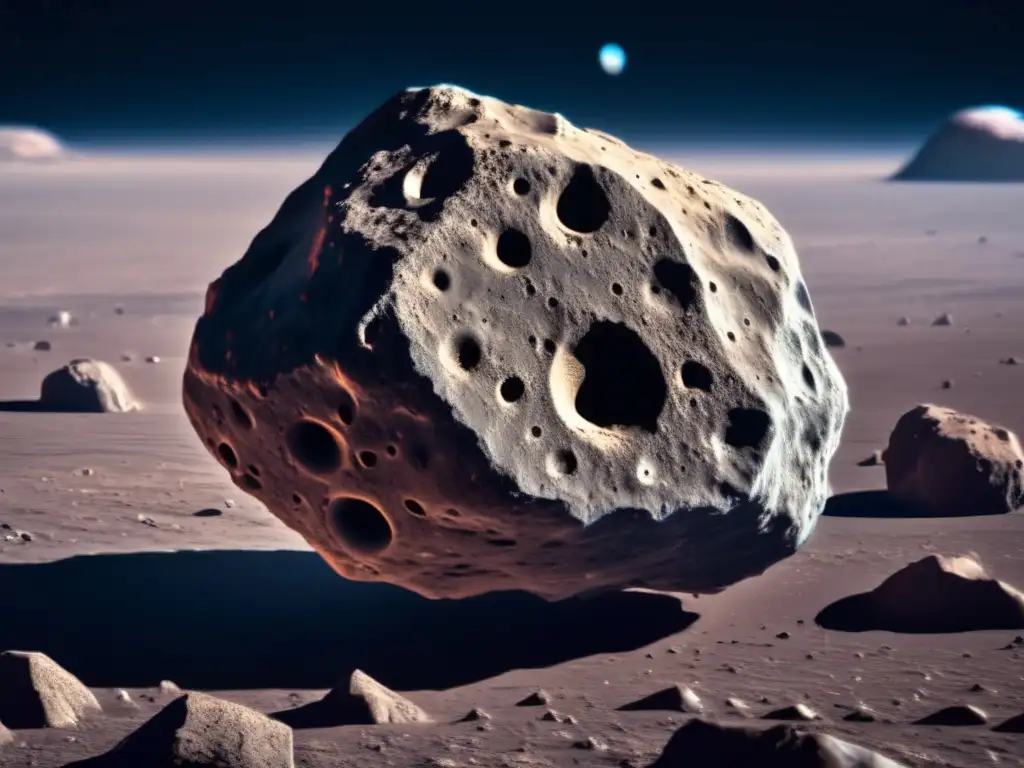 Asteroide rocoso con hielo y halo colorido Imagen detallada 8k de asteroide con superficie rugosa y cráteres profundos