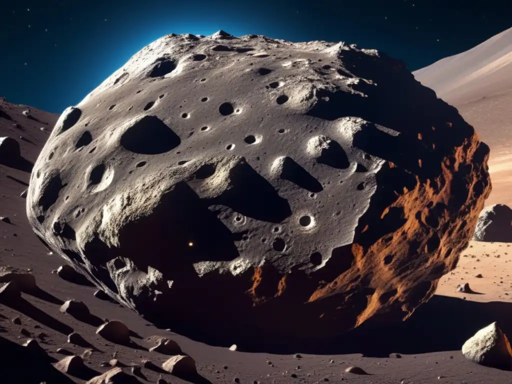 Asteroide oscuro con robot minero Imagen detallada de asteroide tipo C con superficie carbonácea, cráteres y rover minero extrayendo recursos