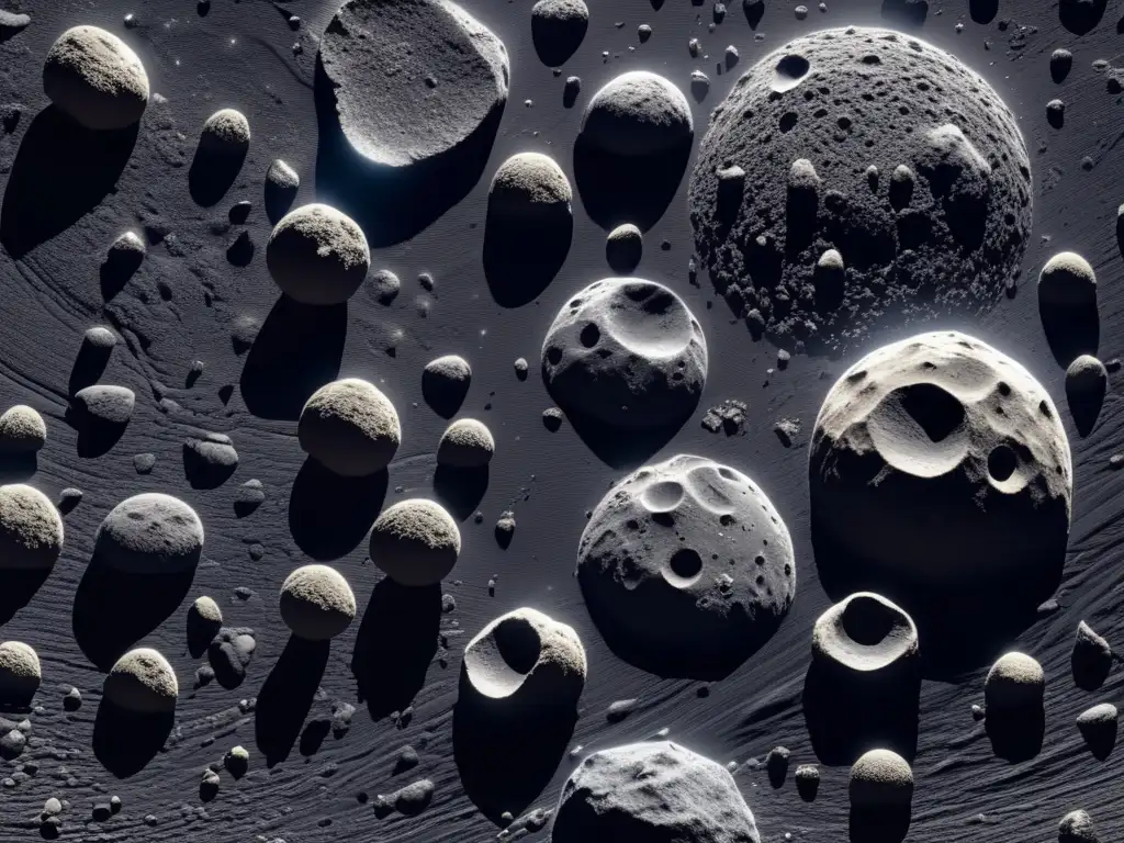 Campo de asteroides: belleza y complejidad Imagen detallada de asteroides en el espacio, resaltando su belleza y complejidad