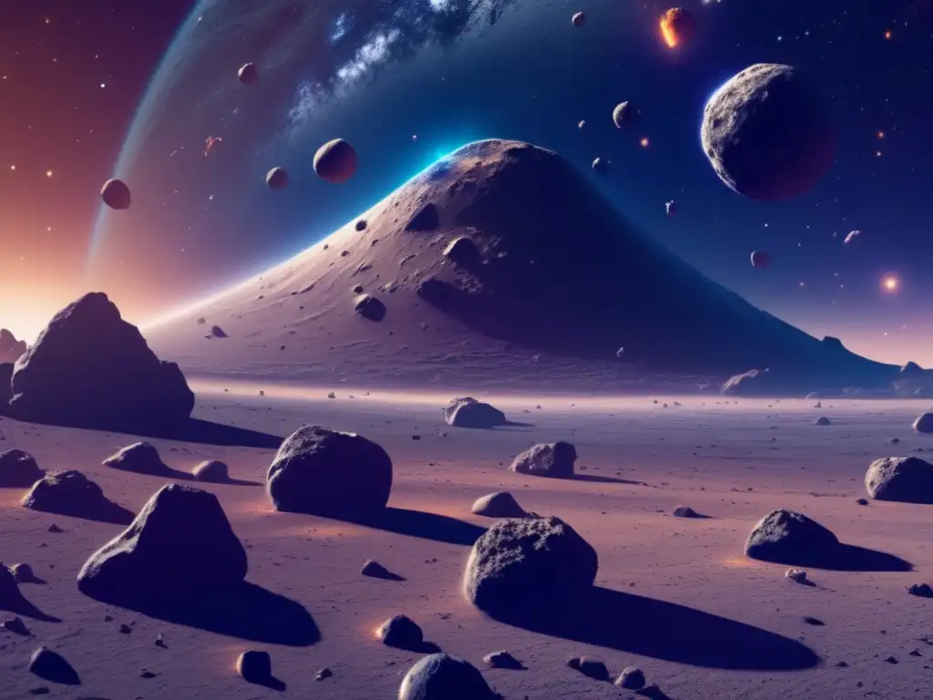 Imagen detallada de asteroides en el espacio con galaxias y estrellas de fondo
