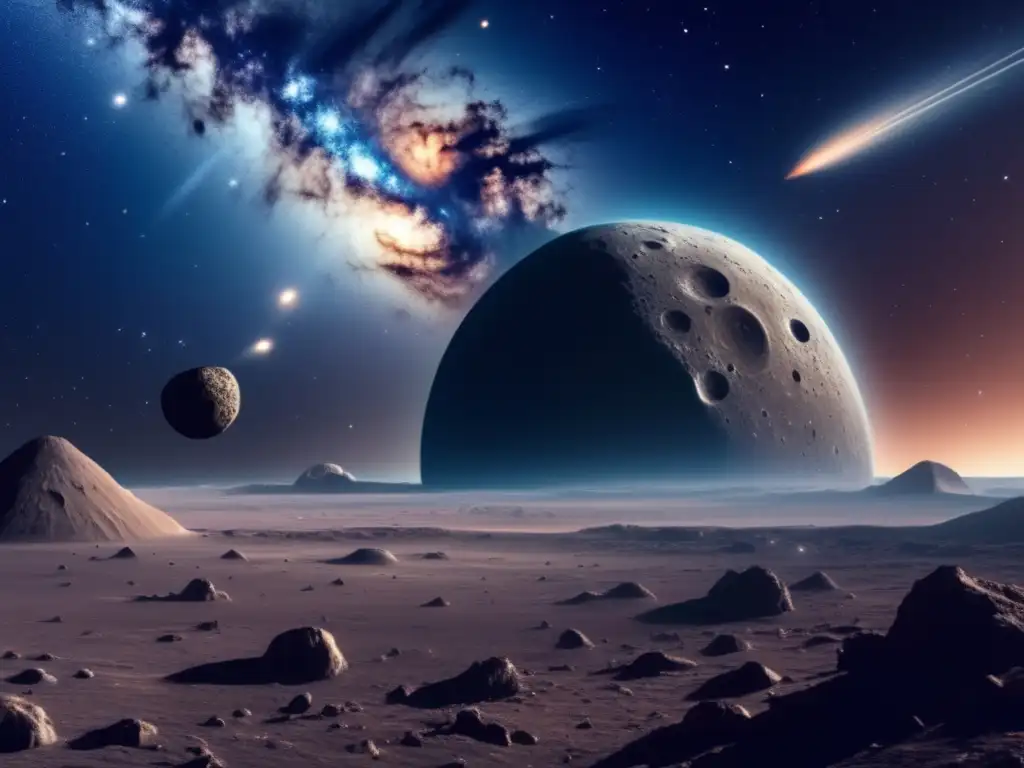 Espacio profundo y asteroides: investigación y exploración Imagen detallada del espacio con asteroides y nave espacial - Riesgo asteroides cercanos a la Tierra