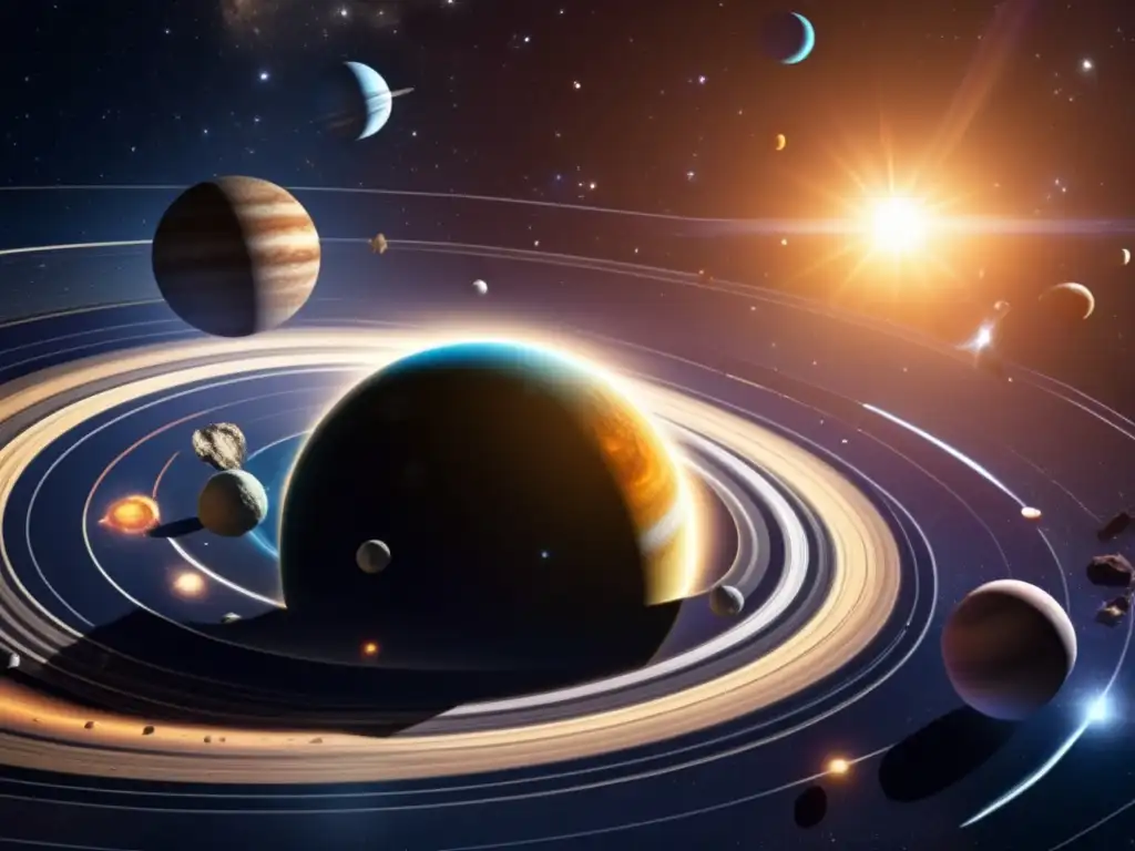 Detallada imagen del sistema solar con enfoque en el cinturón de asteroides Imagen detallada sistema solar: sol, planetas y colisiones entre asteroides