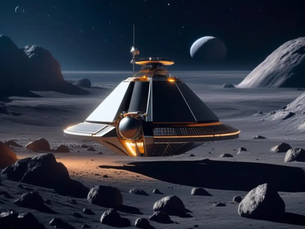 Imagen detallada de una sonda espacial futurista sobre un asteroide, destacando la exploración de asteroides en el universo