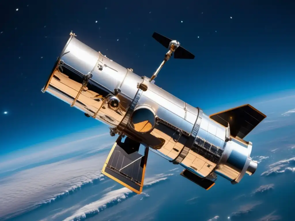 Hubble, majestuoso telescopio del cosmos Imagen detallada del Telescopio Espacial Hubble en el espacio, símbolo de exploración científica y vigilancia de asteroides peligrosos