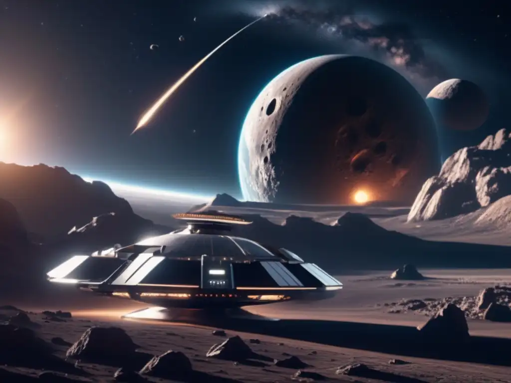 Imagen de estación espacial y asteroide: Exploración y explotación de asteroides en un escenario futurista