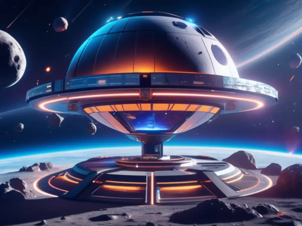 Estación espacial futurista en asteroide Imagen: Estación espacial futurista orbitando asteroide con nave espaciales y rica en minerales