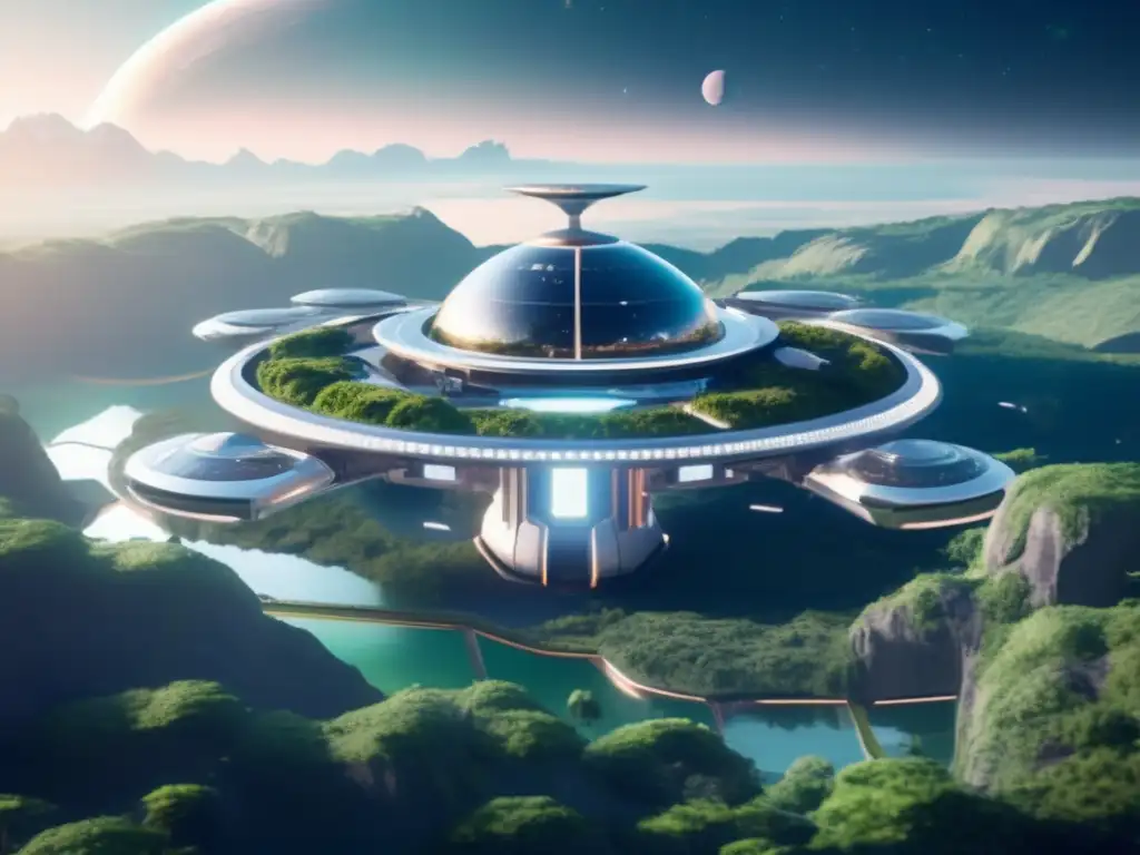 Imagen: Estación espacial futurista en asteroide terraformado con robótica avanzada (110 caracteres)