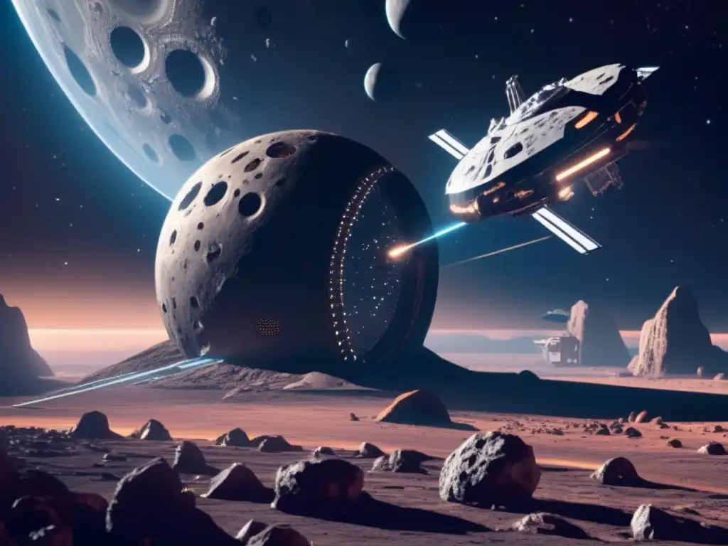 Estación espacial futurista y asteroide gigante en el espacio Imagen de estación espacial futurista orbitando asteroide gigante: Protocolo último minuto asteroide dirección