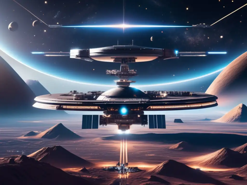 Estación espacial futurista en el espacio Imagen: Estación espacial futurista y flota de naves mineras en el espacio - Beneficios económicos de la minería espacial