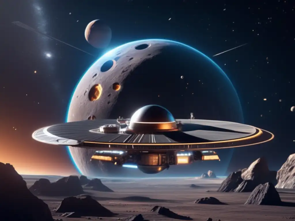 Estación espacial futurista orbitando asteroide Imagen: Estación espacial futurista fusionada con asteroides, tecnología humana y materiales asteroidales
