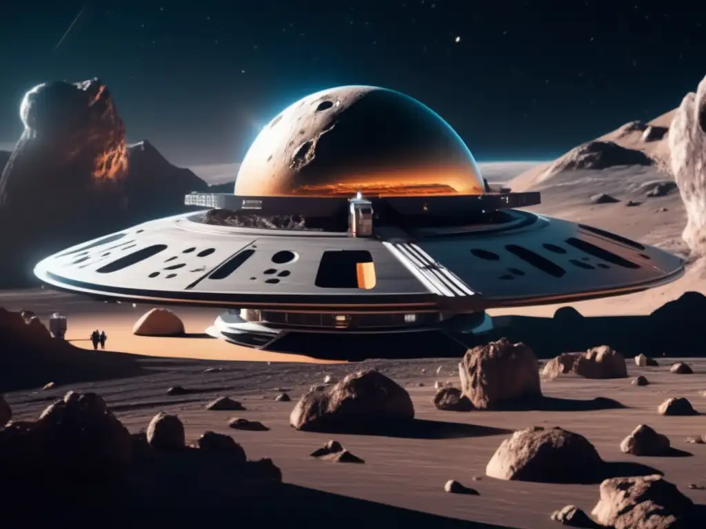 Futurista estación espacial y asteroides Imagen: Estación espacial futurista junto a asteroide: Beneficios minería asteroides en biomedicina