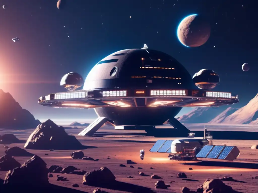 Estación espacial futurista y asteroide Imagen de estación espacial futurista en órbita de asteroide, con puertos de atraque, paneles solares y naves científicas y mineras