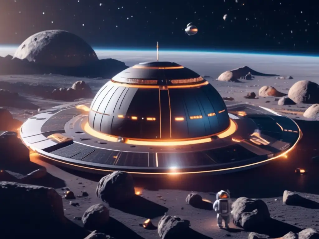 Estación espacial futurista orbitando asteroide Imagen: Estación espacial futurista en órbita de asteroide, exploración y explotación de asteroides