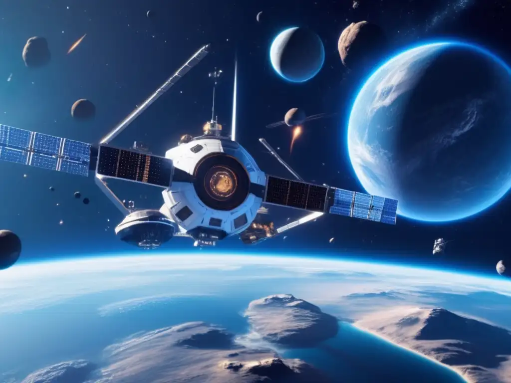 Estación espacial futurista en órbita
de un planeta azul - Imagen: Estación espacial futurista orbitando planeta azul, defensa planetaria asteroides