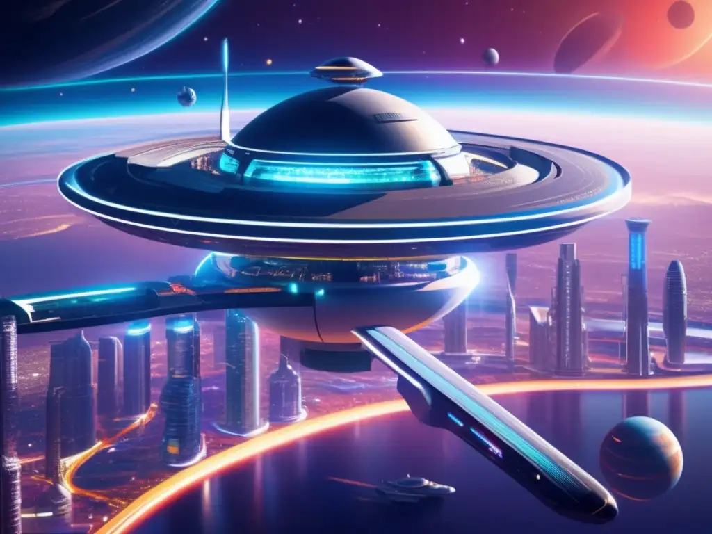 Estación espacial futurista y planetas vibrantes Imagen: Estación espacial futurista orbitando planeta, arquitectura metálica, tecnología avanzada, campo de fuerza, planetaria ESA