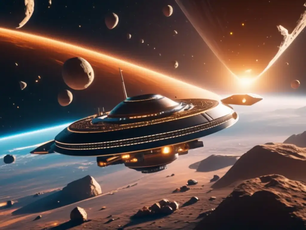 Estación espacial futurista en asteroides Imagen: Estación espacial futurista rodeada de asteroides, simbolizando recursos solares para futuro sostenible