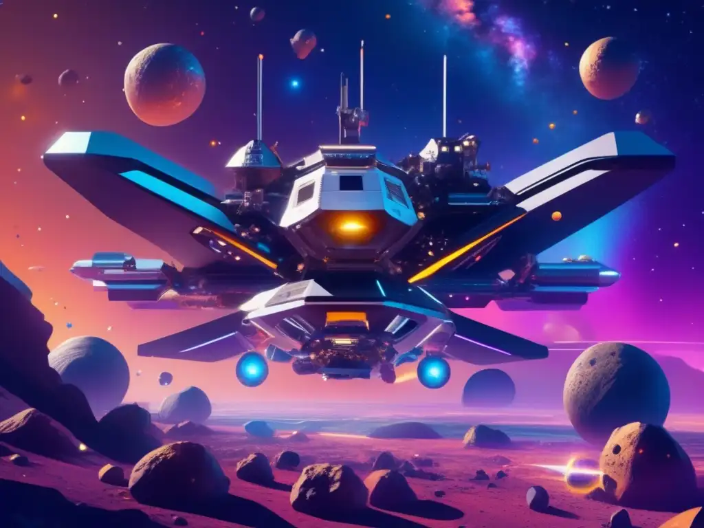 Futurista estación espacial rodeada de asteroides metálicos y nebulae Imagen: Estación espacial futurista rodeada de asteroides metálicos, minerales y robots mineros