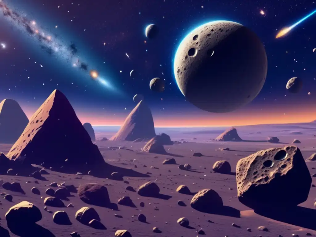 Espacio lleno de asteroides, nave futurista Imagen: Espacio repleto de asteroides, nave futurista e importancia de supervivencia humana en refugios cósmicos