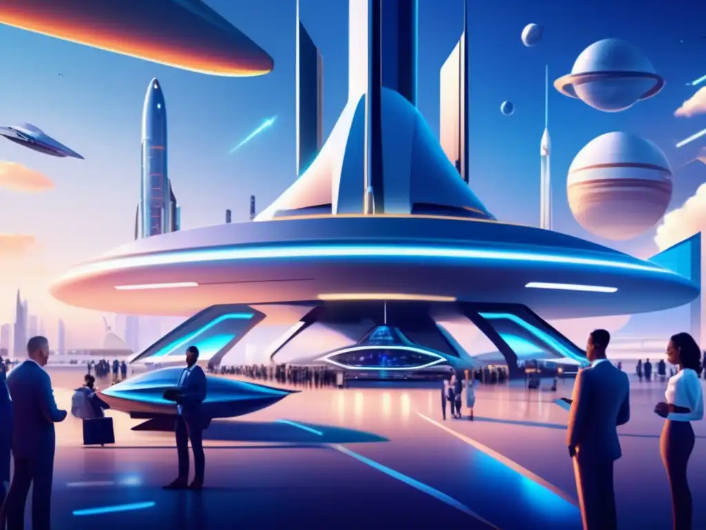 Futuristic spaceport bustling with activity Imagen 8K espacioport futurista con startups espaciales impactando mercado financiero
