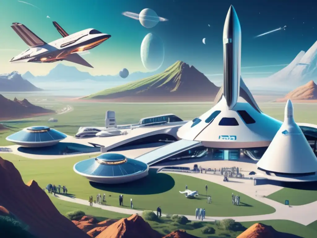 Spaceport futurista y astronautas discutiendo Una imagen del espacioporto internacional con naves espaciales futuristas en una paisaje verde rodeado de montañas