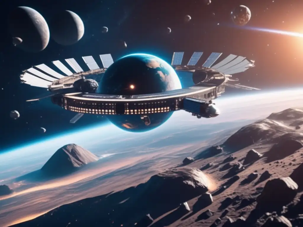Estación espacial futurista y asteroides Imagen de una estación espacial futurista orbitando la Tierra, rodeada de asteroides